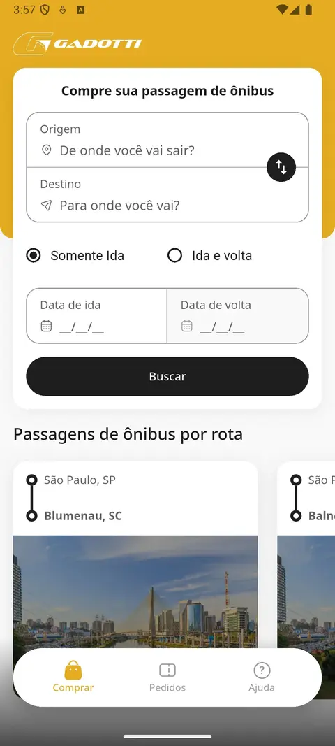 Tela do app da Gadotti com a busca de passagens